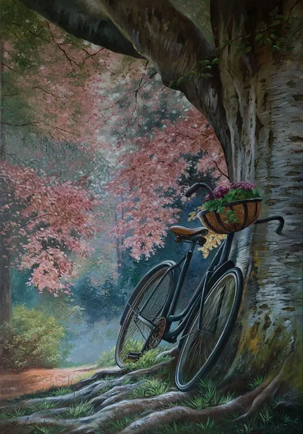 Marc Lamers Schilderij Fiets in het Bos 70 x100 cm