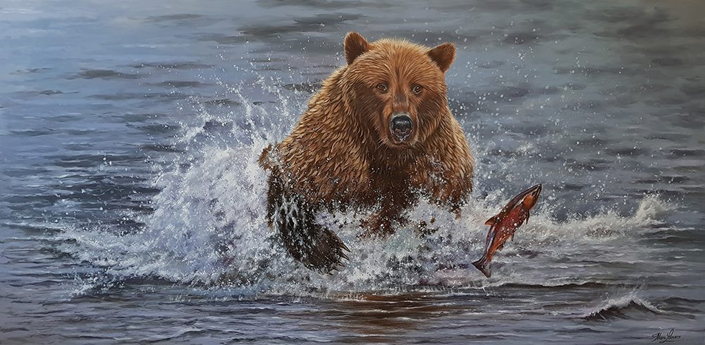 Marc Lamers Schilderijen Salmon Hunt beren 60x120