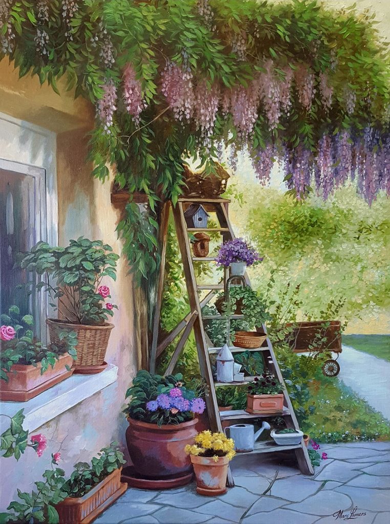 Marc Lamers Schilderijen flowerpots on a stair in a sunny garden 60x80